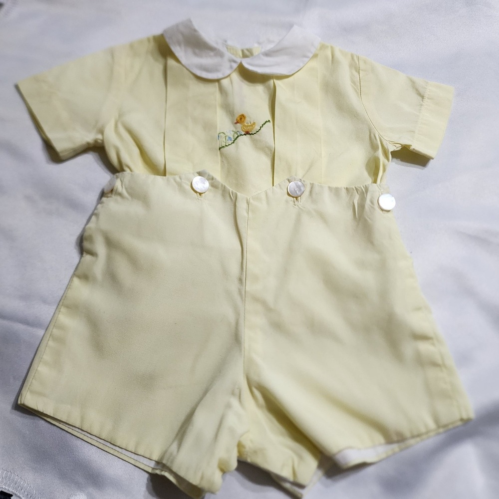 Vintage Neiman Marcus Baby Boys Yellow Embroidered Duck Bobby Suit Set Size M